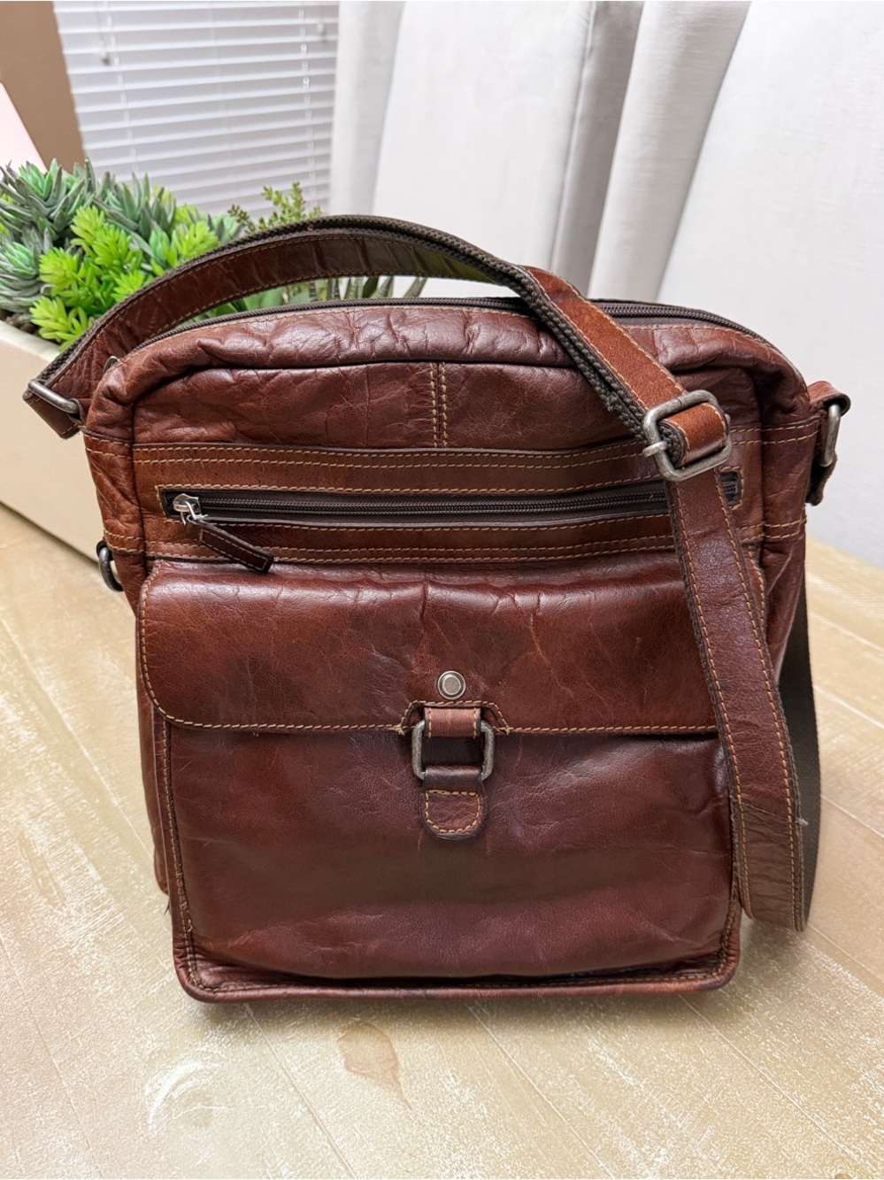 Jack Georges Brown Leather Messenger Bag with Adjustable Strap